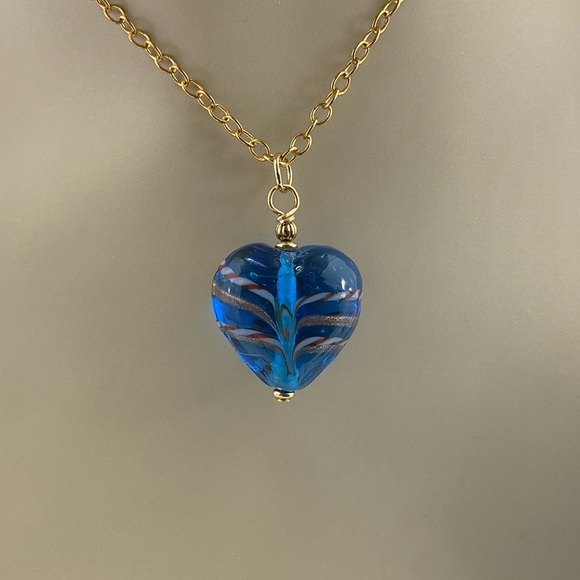 Blue Lamp Work Heart Pendant Necklace, Artisan Lamp Work Heart, Murano Italy - Picture 10 of 10